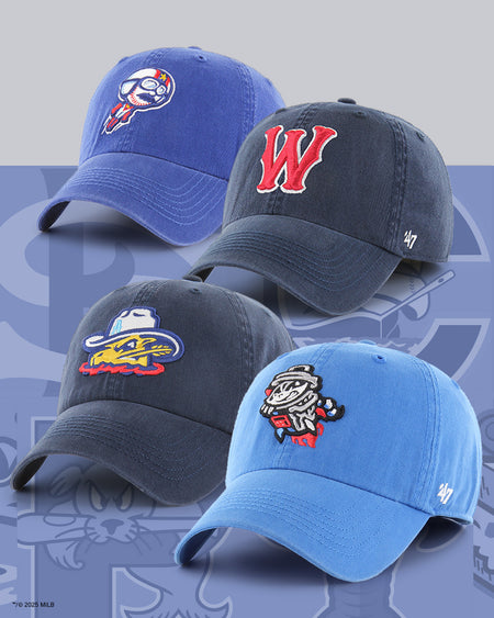 FOUR HATS CANNON BALLERS, WORCHESTER RED SOX, TRASH PANDAS AND SOD POODLES. 
