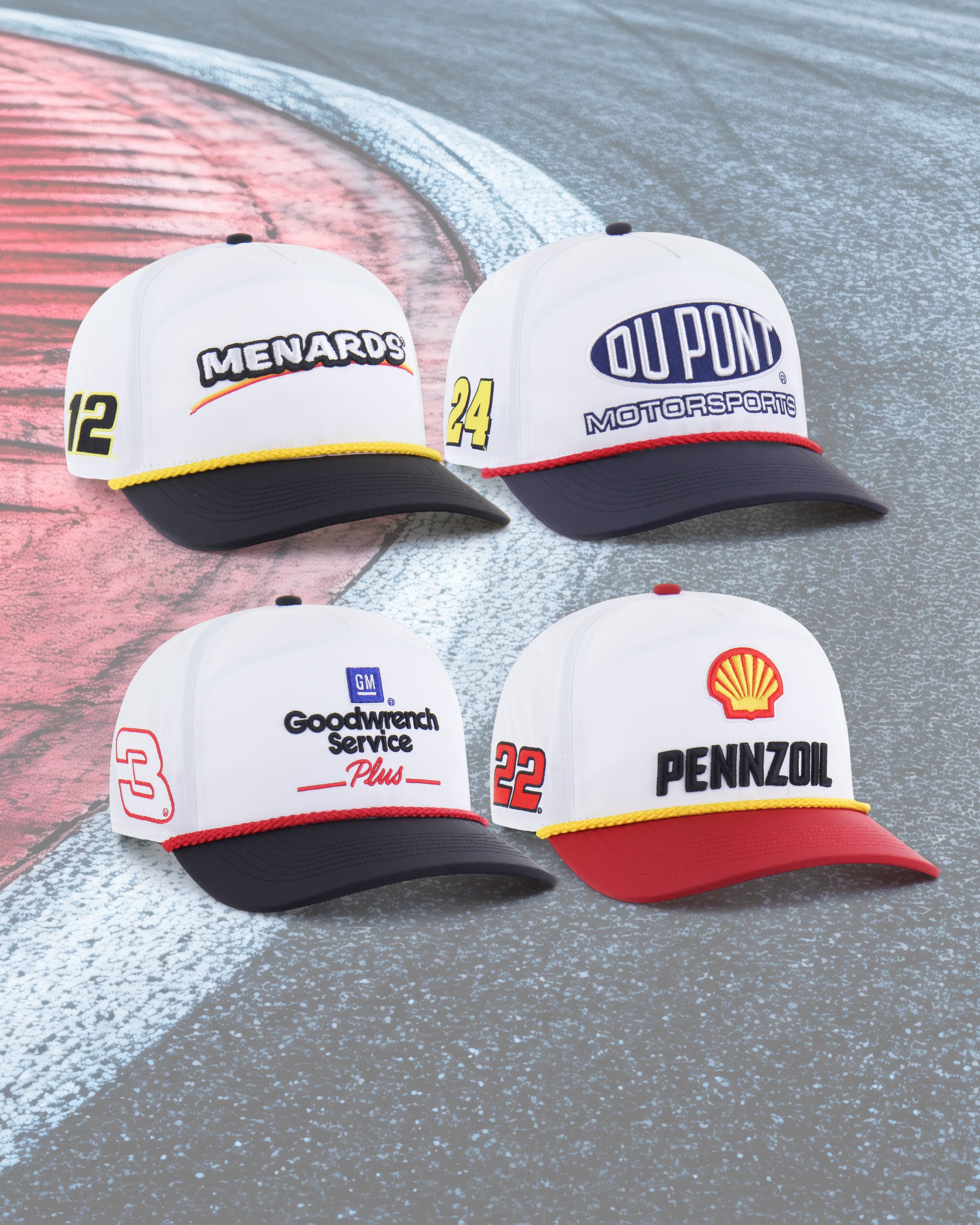 FOUR TWO TONED NASCAR HATS WITH VARIOUS LOGOS ON A TRACK BACKGROUND