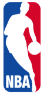 NBA logo with white silhouette of a basketball player dribbling against a split red and blue background, representing the National Basketball Association.